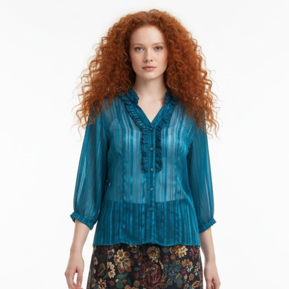 Vintage Mandee Sheer Blue Button Front Long Sleeve Blouse Size M